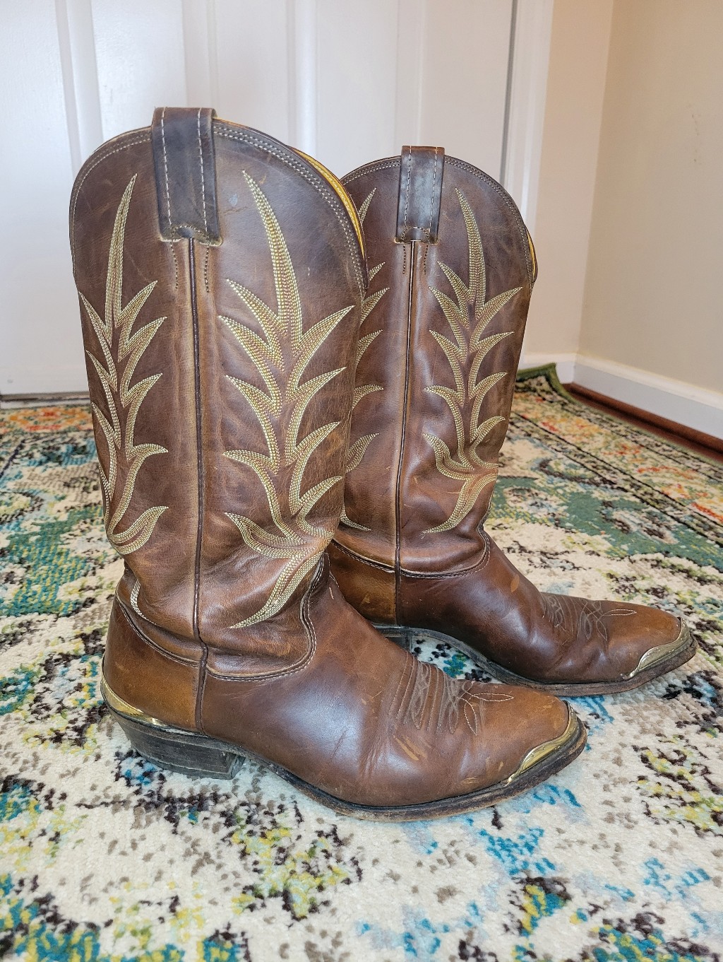 Nocona Brown Leather Western Metal Toe Cap Pointed Cowboy Boots, Size Mens 9 D